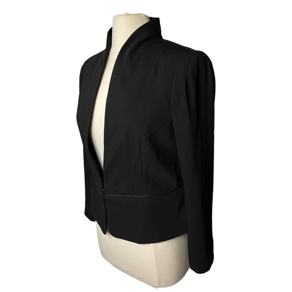 Eileen Fisher NWT Petite Tropical Blazer w Leather Trim Black Stand Collar PM - Picture 3 of 12
